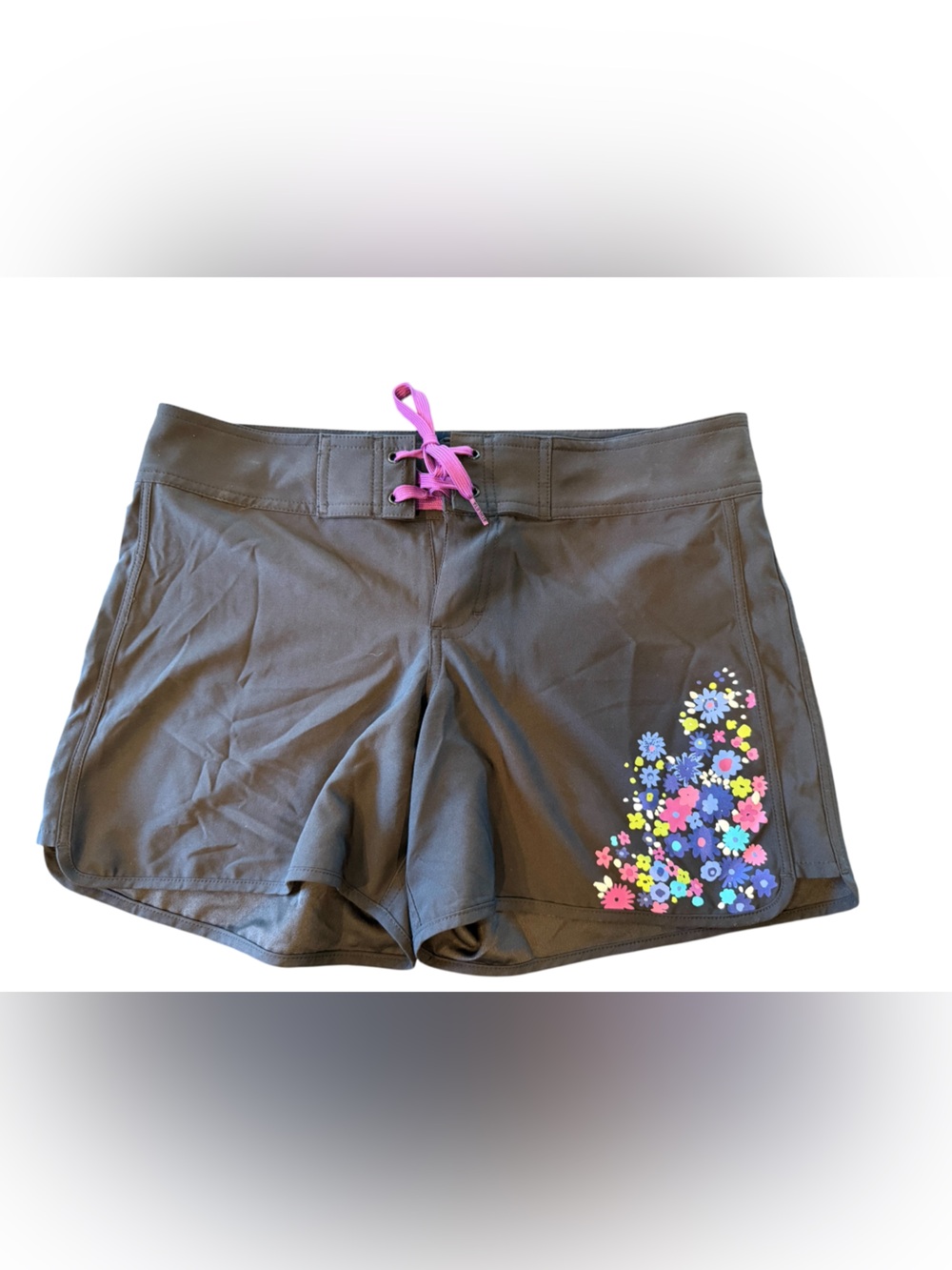 Athleta Black Athletic Shorts with Pink Drawstring and Multicolor Floral Accent